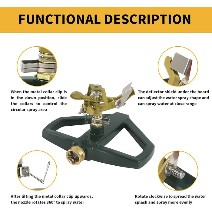 Impact Sprinklers for Yard with Metal Base Heavy Duty Zinc Alloy Water Sprinkler for Lawn Automatic 360 degree Roating