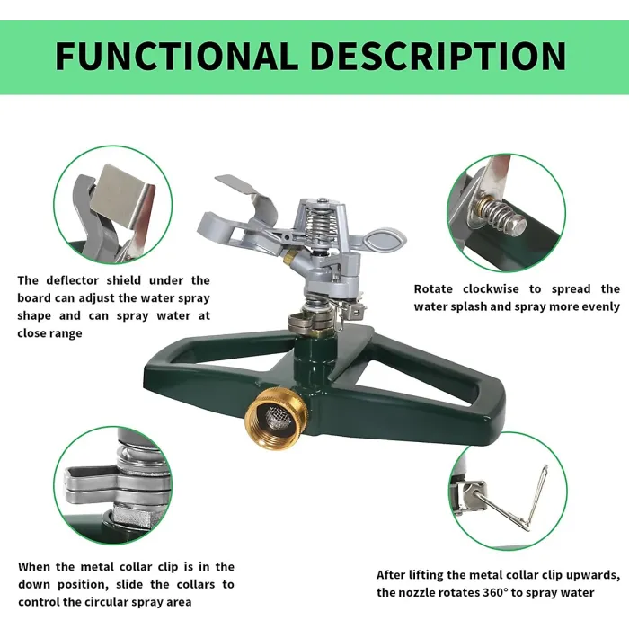Impact Sprinklers for Yard with Metal Base Heavy Duty Zinc Alloy Water Sprinkler for Lawn Automatic 360 degree Roating