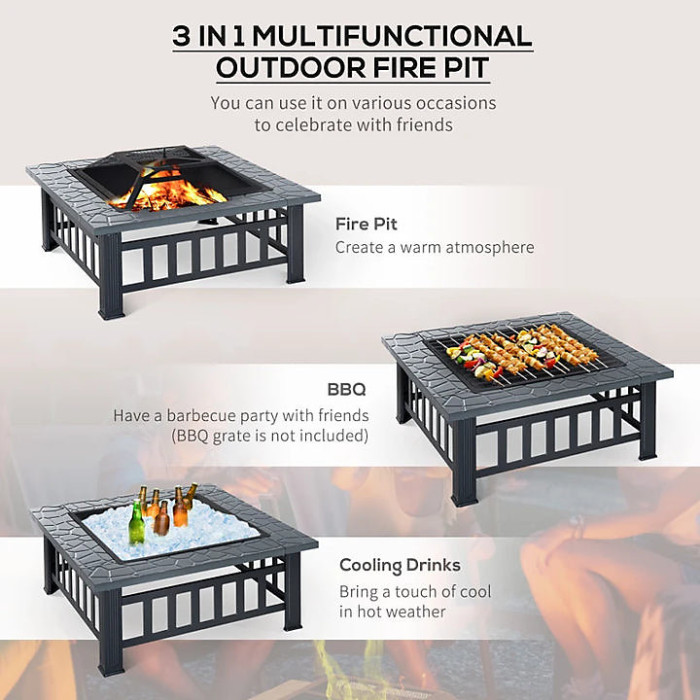 Square Metal Outdoor Pit Bowl with Rain Cover