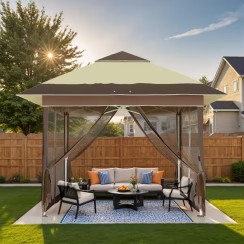 10 ft. x 10 ft. Patio Gazebo Sun Shade Canopy Tent with 4-Sandbags, Khaki