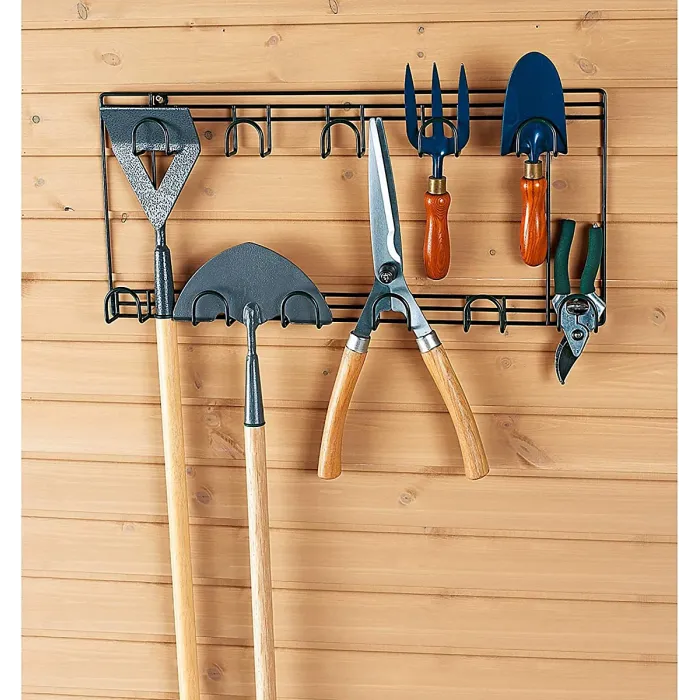 Double Garden Tool Rack - Wall Mounted Tool Holder with 11 Hooks for Shed or Garage - Measures W66.5 x H30.5cm