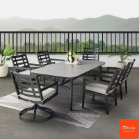 Agio Formia 7 Piece Outdoor Dining Set, Sintered Stone Table, Swivel Rocker Chairs, Sunbrella Cushions, Cover Included
