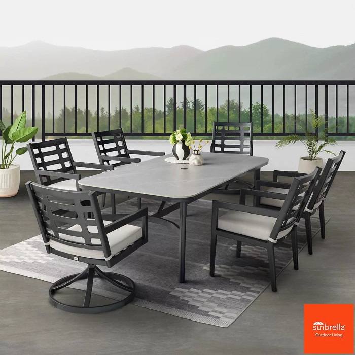 Agio Formia 7 Piece Outdoor Dining Set, Sintered Stone Table, Swivel Rocker Chairs, Sunbrella Cushions, Cover Included