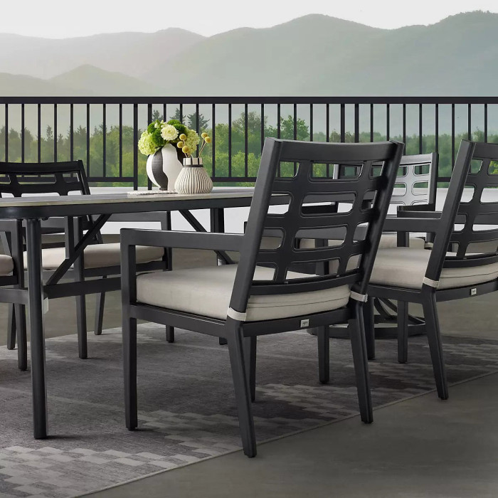 Agio Formia 7 Piece Outdoor Dining Set, Sintered Stone Table, Swivel Rocker Chairs, Sunbrella Cushions, Cover Included