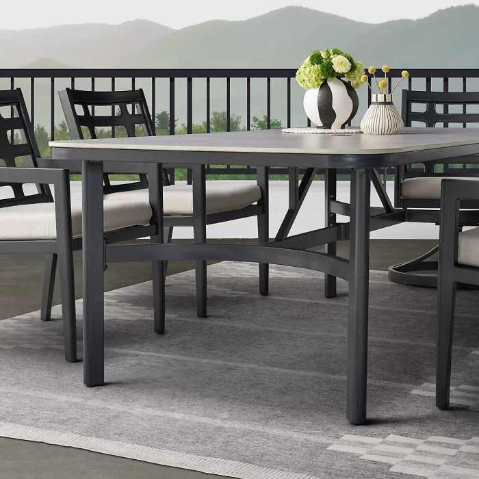 Agio Formia 7 Piece Outdoor Dining Set, Sintered Stone Table, Swivel Rocker Chairs, Sunbrella Cushions, Cover Included