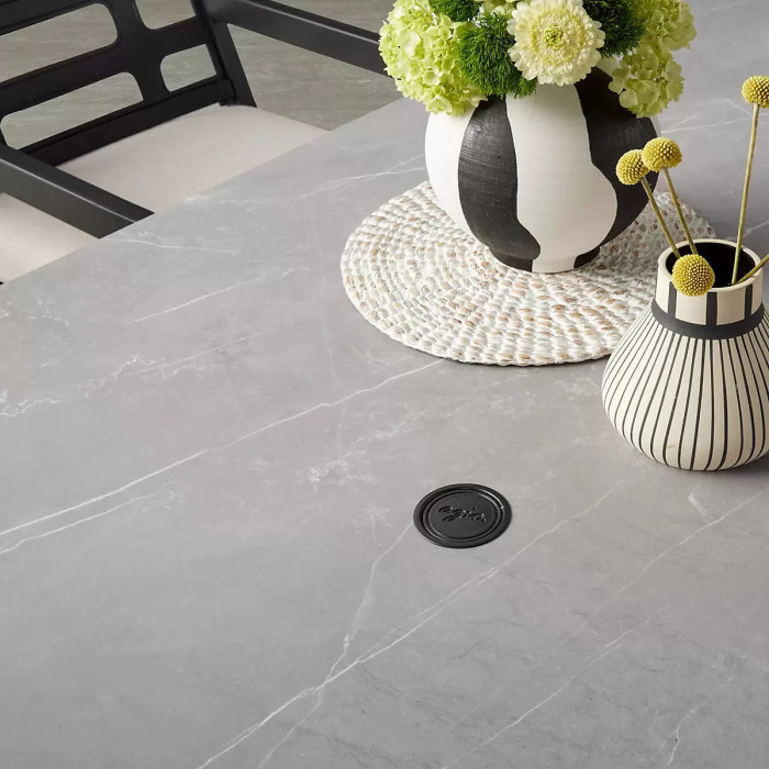 Agio Formia 7 Piece Outdoor Dining Set, Sintered Stone Table, Swivel Rocker Chairs, Sunbrella Cushions, Cover Included