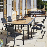 Pro Loisirs Louisiane 7 Piece Outdoor Dining Set, Extendable Graphite Aluminium Table & 6 Stackable Chairs, Wood-Look Arm Inserts