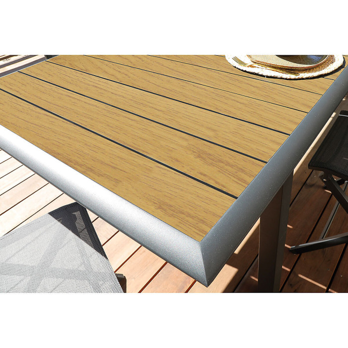 Pro Loisirs Louisiane 7 Piece Outdoor Dining Set, Extendable Graphite Aluminium Table & 6 Stackable Chairs, Wood-Look Arm Inserts