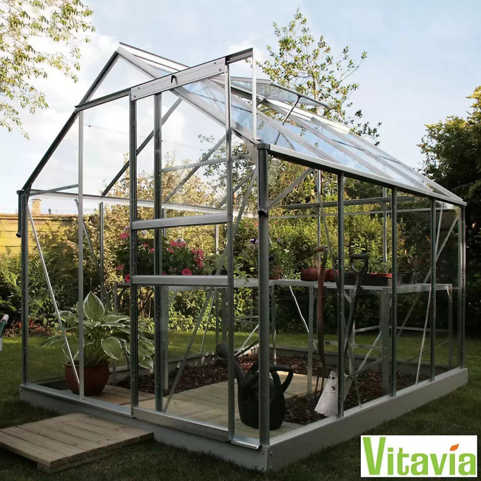 Vitavia Vermont 5000 Greenhouse Package 6ft 2" x 8ft 5" (2x2.6m) with Toughened Glass, Steel Perimeter Base & 1-Tier Staging Table
