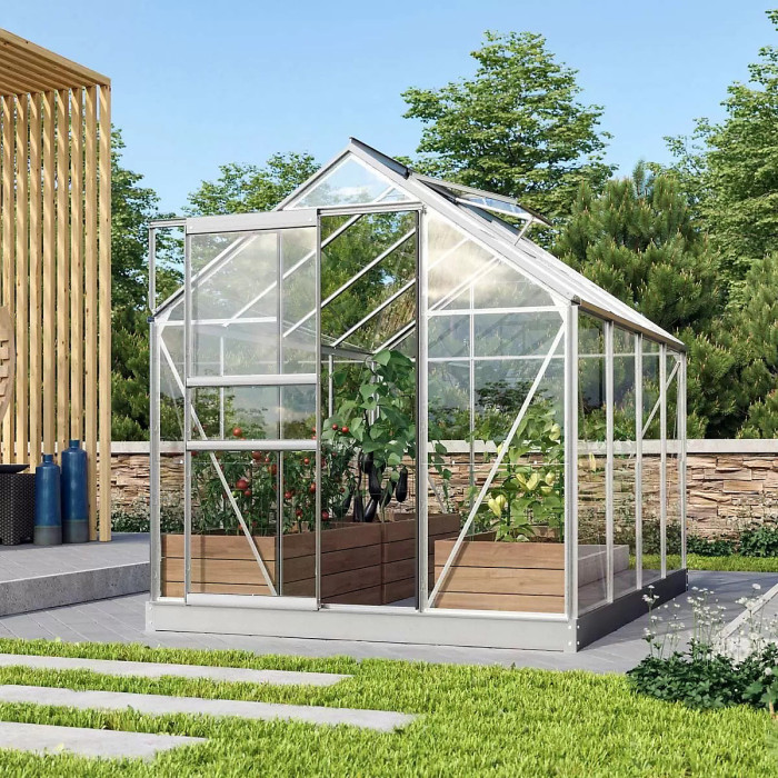 Vitavia Vermont 5000 Greenhouse Package 6ft 2" x 8ft 5" (2x2.6m) with Toughened Glass, Steel Perimeter Base & 1-Tier Staging Table
