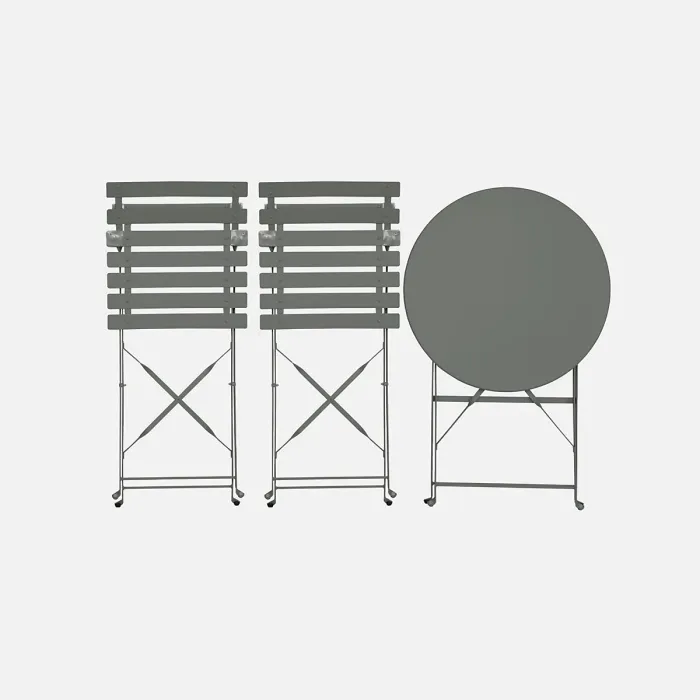 sweeek - Folding metal bistro garden table with 2 chairs Emilia Khaki Green 60x60x71 cm