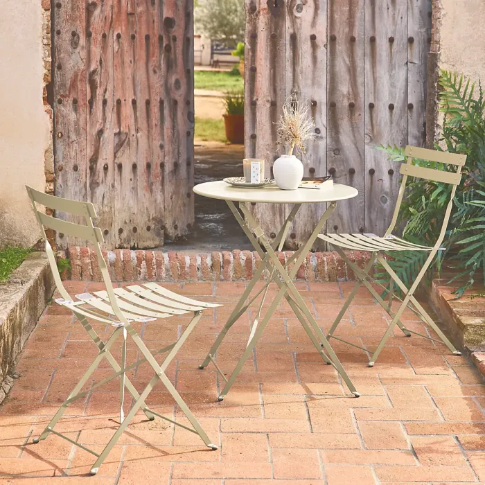 sweeek - Folding metal bistro garden table with 2 chairs Emilia Beige 60x60x71 cm