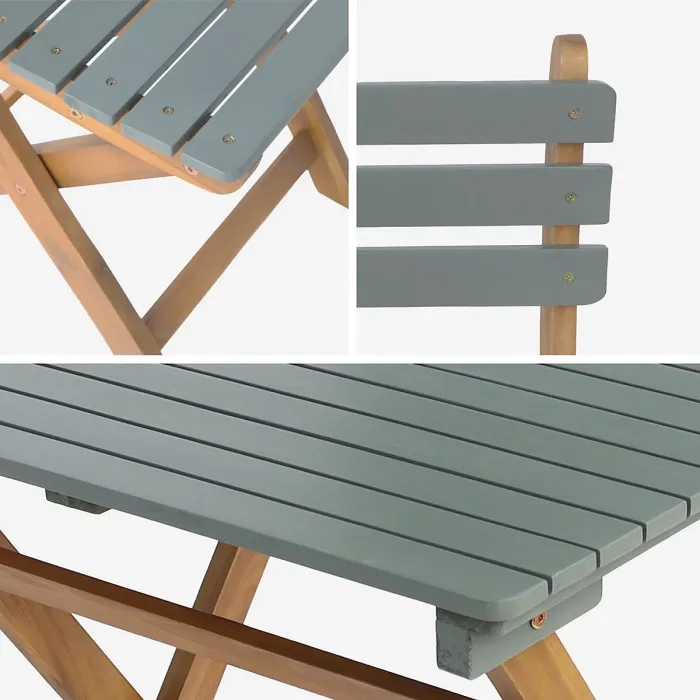sweeek - Acacia wood garden table 2 folding chairs Hilora Khaki Green 60x60x8 cm