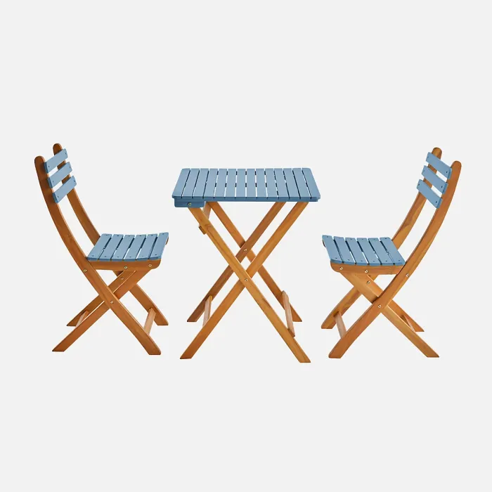 sweeek - Acacia wood garden table 2 folding chairs Hilora Blue 60x60x8 cm