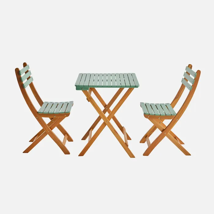 sweeek - Acacia wood garden table 2 folding chairs Hilora Sage Green 60x60x8 cm