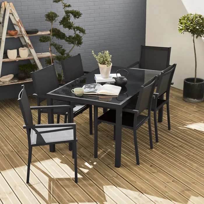 sweeek - 6-seater aluminium garden table with textilene chairs Capua 6 Anthracite 150x90x71 cm
