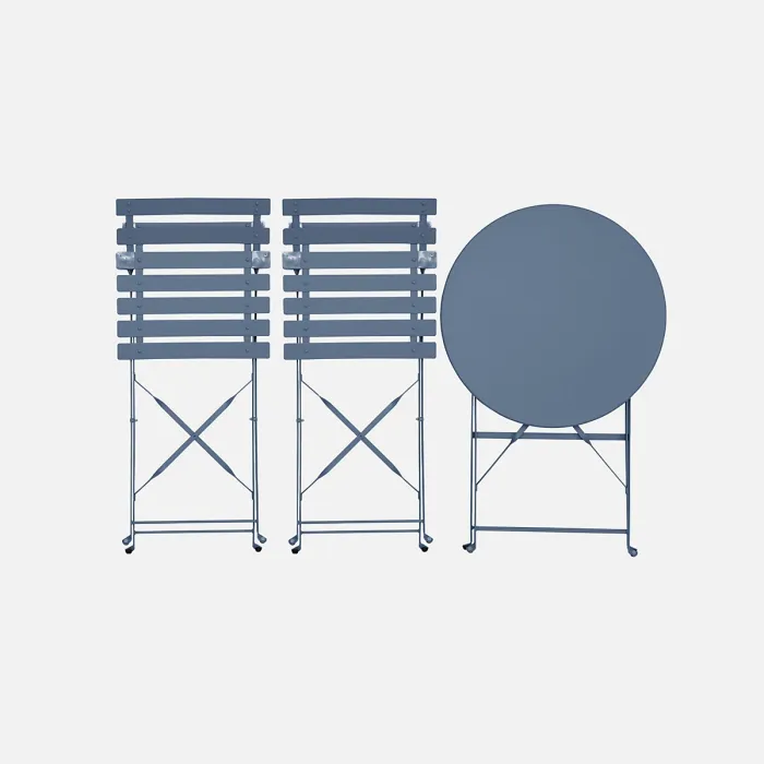sweeek - Folding metal bistro garden table with 2 chairs Emilia Grey Blue 60x60x71 cm