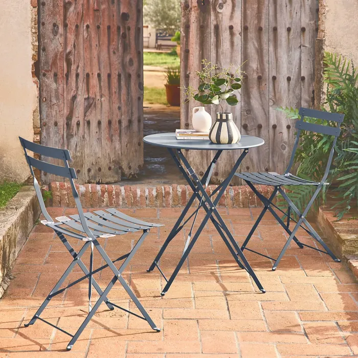sweeek - Folding metal bistro garden table with 2 chairs Emilia Grey Blue 60x60x71 cm