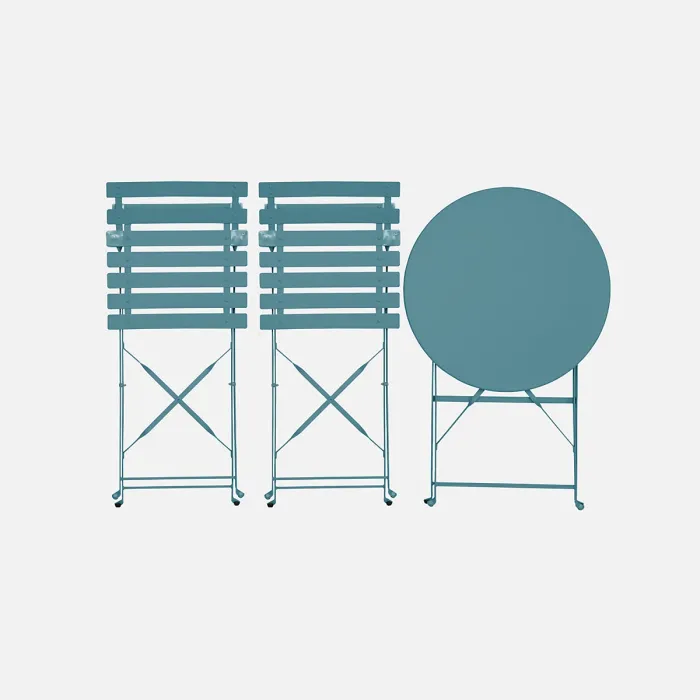 sweeek - Folding metal bistro garden table with 2 chairs Emilia Duck Blue 60x60x71 cm