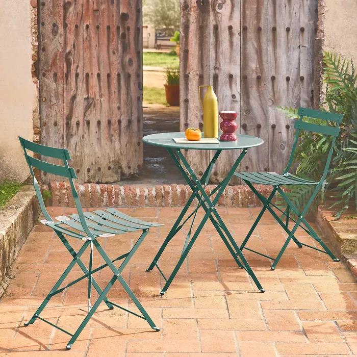 sweeek - Folding metal bistro garden table with 2 chairs Emilia Duck Blue 60x60x71 cm