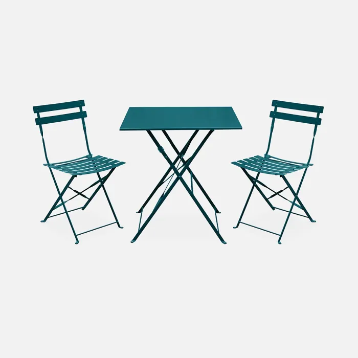 sweeek. Folding metal bistro garden table 70 x 70cm 2 chairs Emilia Duck Blue 70x70x71 cm