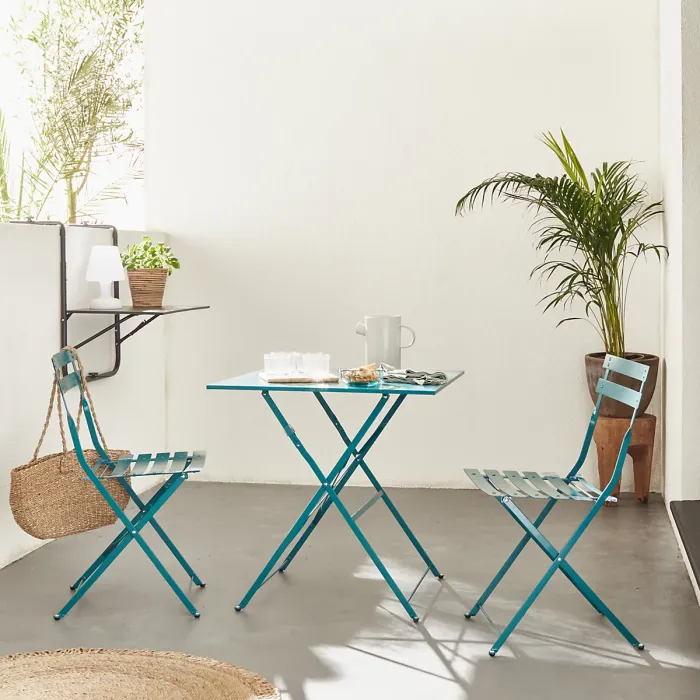 sweeek. Folding metal bistro garden table 70 x 70cm 2 chairs Emilia Duck Blue 70x70x71 cm