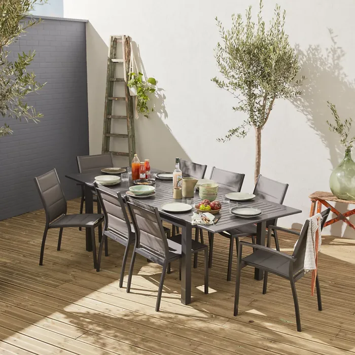 sweeek - 8-seater extendable aluminium garden table set with chairs Chicago 8 Anthracite 244x100x75 cm