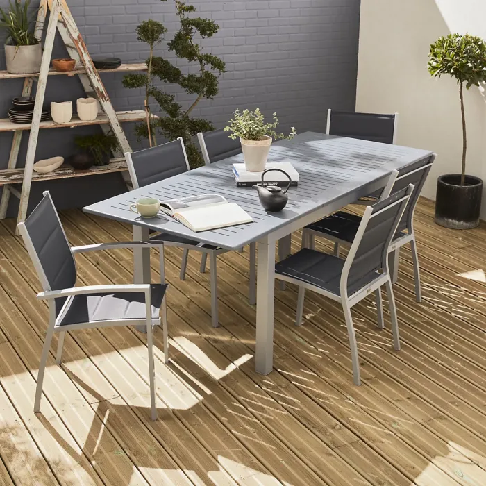 sweeek - 6-seater extendable aluminium garden table with chairs Chicago 6 Grey 210x89x75 cm