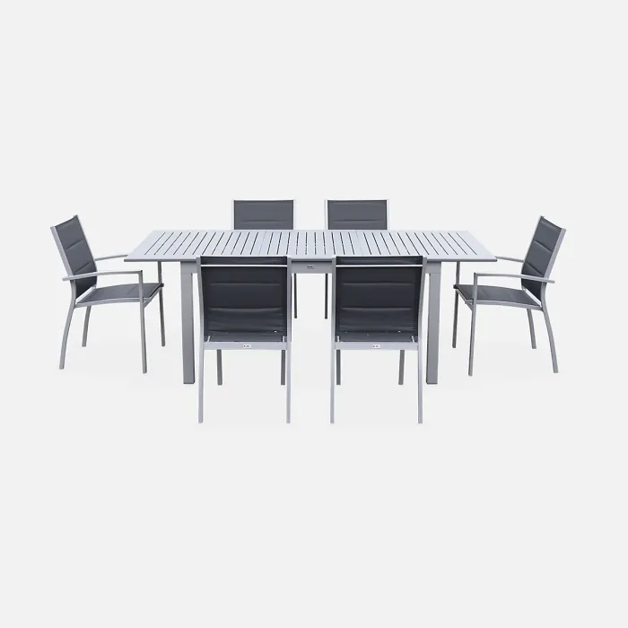 sweeek - 6-seater extendable aluminium garden table with chairs Chicago 6 Grey 210x89x75 cm