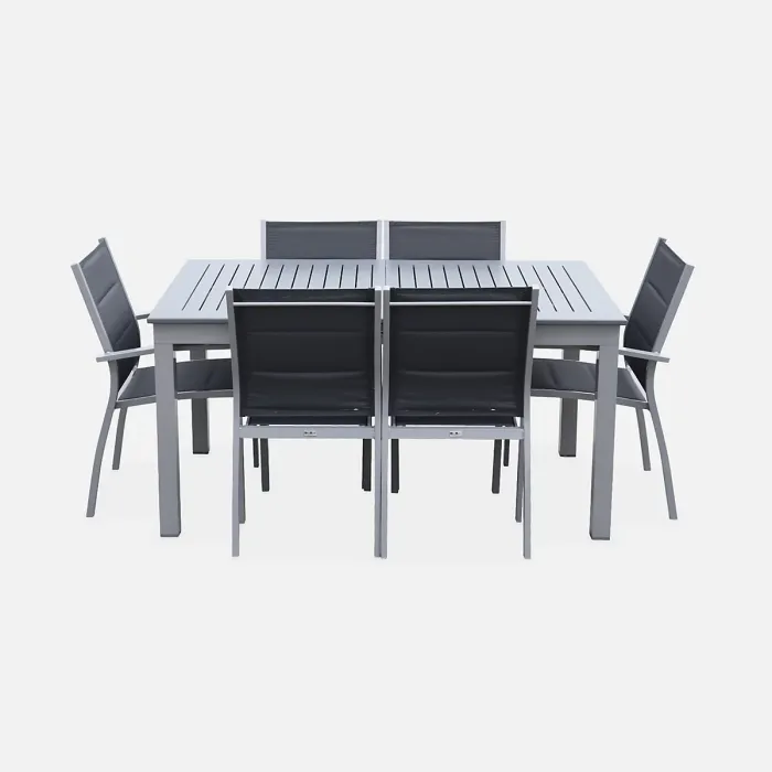 sweeek - 6-seater extendable aluminium garden table with chairs Chicago 6 Grey 210x89x75 cm
