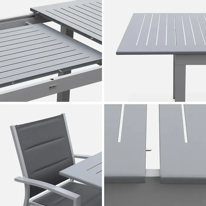 sweeek - 6-seater extendable aluminium garden table with chairs Chicago 6 Grey 210x89x75 cm