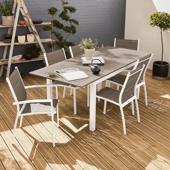 sweeek - 6-seater extendable aluminium garden table with chairs Chicago 6 White 210x89x75 cm