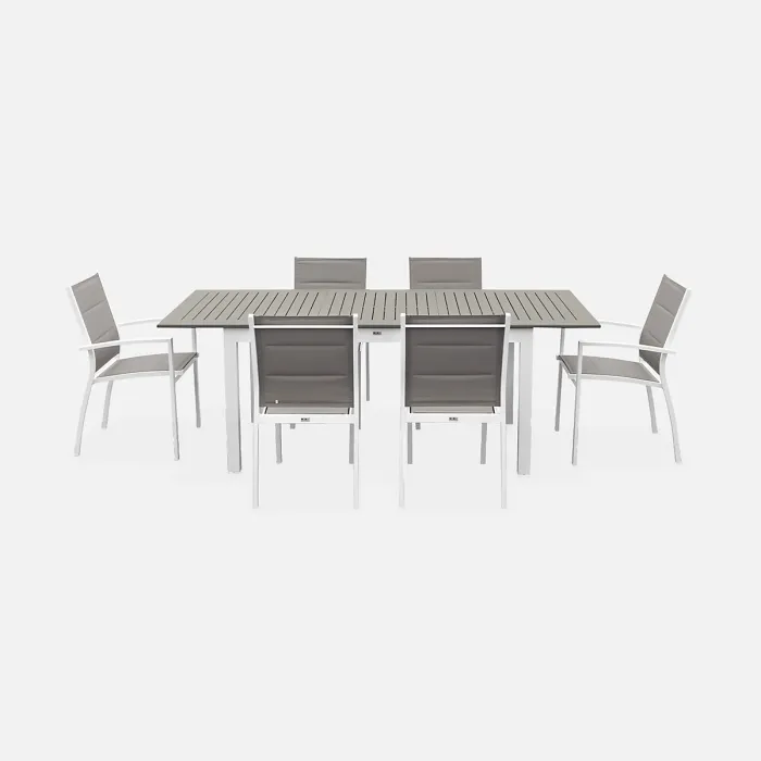 sweeek - 6-seater extendable aluminium garden table with chairs Chicago 6 White 210x89x75 cm
