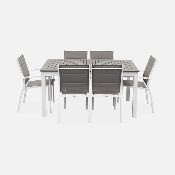 sweeek - 6-seater extendable aluminium garden table with chairs Chicago 6 White 210x89x75 cm