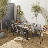 sweeek - 10-seater extendable aluminium garden table set with chairs Odenton Anthracite 335x110x74 cm