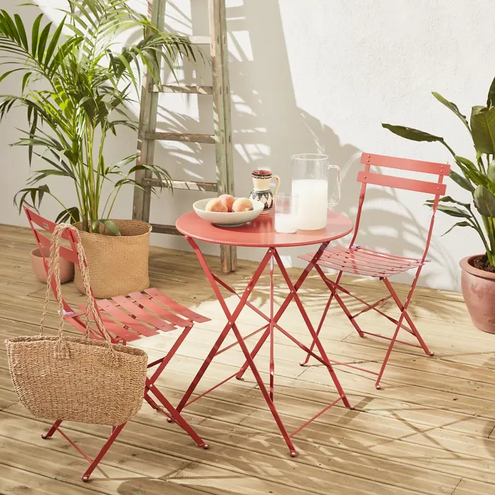sweeek. Folding metal bistro garden table Diam.60 x 70cm 2 chairs Emilia Terracotta 60x60x71 cm
