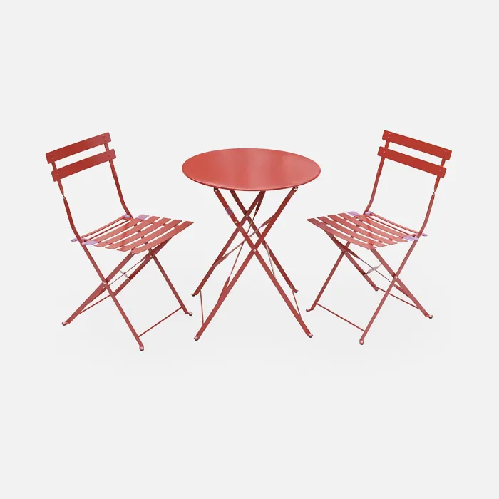 sweeek. Folding metal bistro garden table Diam.60 x 70cm 2 chairs Emilia Terracotta 60x60x71 cm