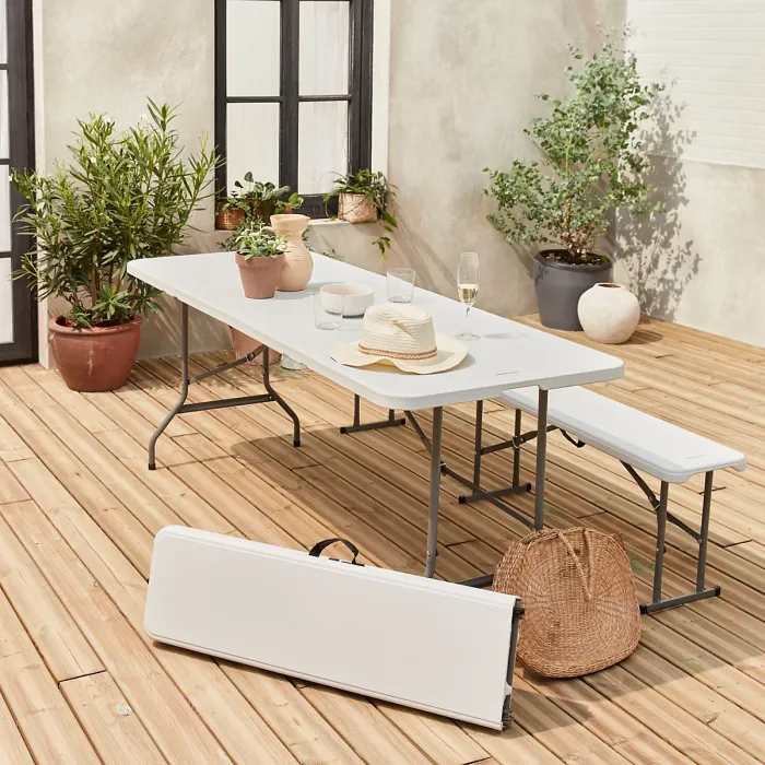 sweeek - Foldable plastic reception table with bench Fiesta reception set (table + benches) White 180x69.5x73.5 cm