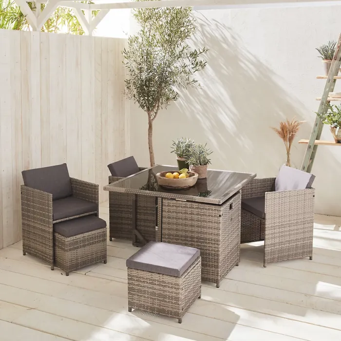 sweeek - 4 to 8-seater rattan cube table set with chairs Vabo 8 Mixed Grey 110x110x73 cm