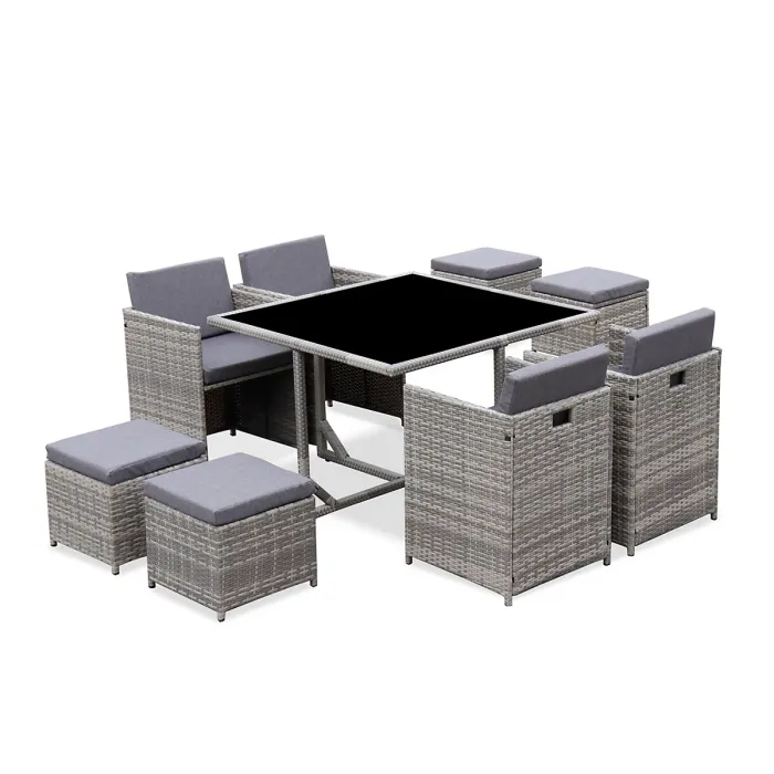 sweeek - 4 to 8-seater rattan cube table set with chairs Vabo 8 Mixed Grey 110x110x73 cm
