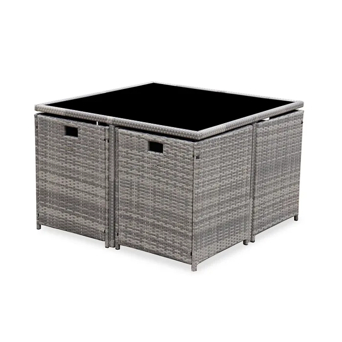 sweeek - 4 to 8-seater rattan cube table set with chairs Vabo 8 Mixed Grey 110x110x73 cm