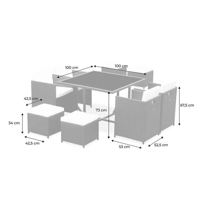 sweeek - 4 to 8-seater rattan cube table set with chairs Vabo 8 Mixed Grey 110x110x73 cm