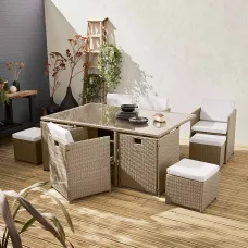 sweeek - 6 to 10-seater rattan cube table set with chairs Vabo 10 Beige 110x110x73 cm