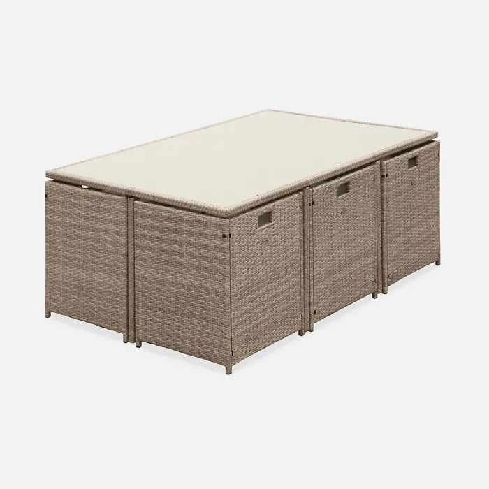 sweeek - 6 to 10-seater rattan cube table set with chairs Vabo 10 Beige 110x110x73 cm