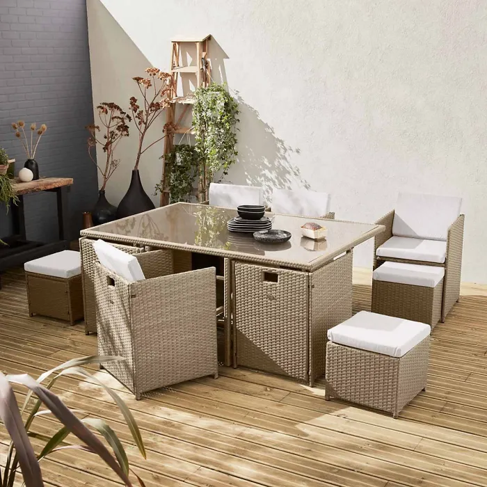 sweeek - 6 to 10-seater rattan cube table set with chairs Vabo 10 Beige 110x110x73 cm
