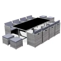 sweeek - 8 to 12-seater rattan cube table set with chairs Vabo 12 Mixed Grey 110x222x73 cm