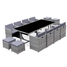 sweeek - 8 to 12-seater rattan cube table set with chairs Vabo 12 Mixed Grey 110x222x73 cm