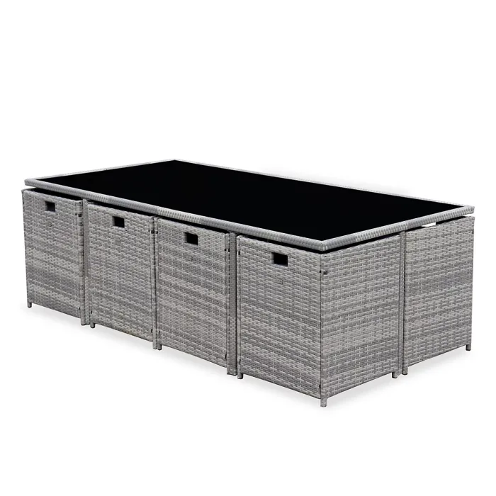 sweeek - 8 to 12-seater rattan cube table set with chairs Vabo 12 Mixed Grey 110x222x73 cm