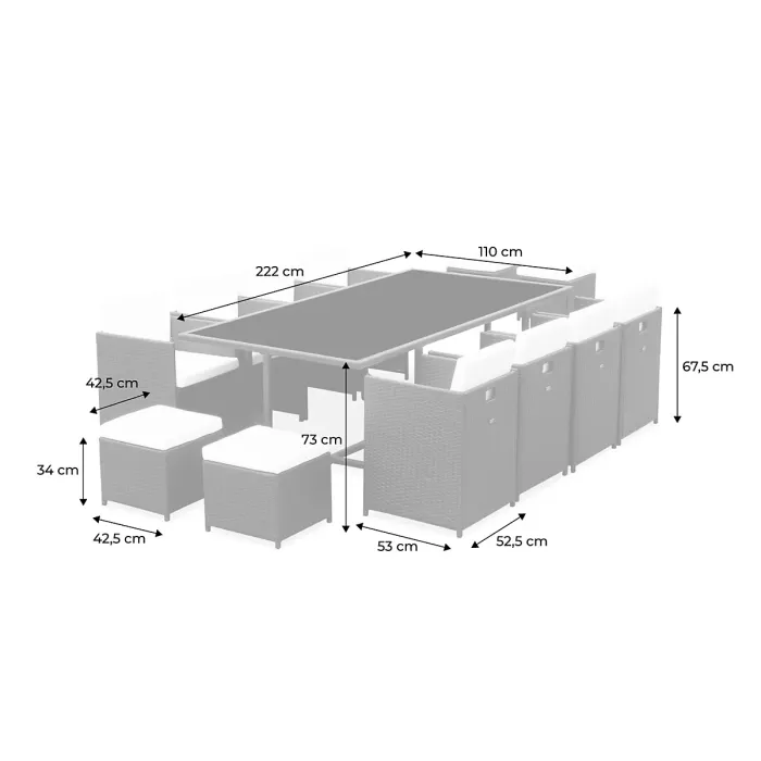 sweeek - 8 to 12-seater rattan cube table set with chairs Vabo 12 Mixed Grey 110x222x73 cm