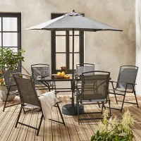 sweeek - 6-seater metal dining set with foldable chairs and parasol Sonia Grey 140x80x71.5 cm